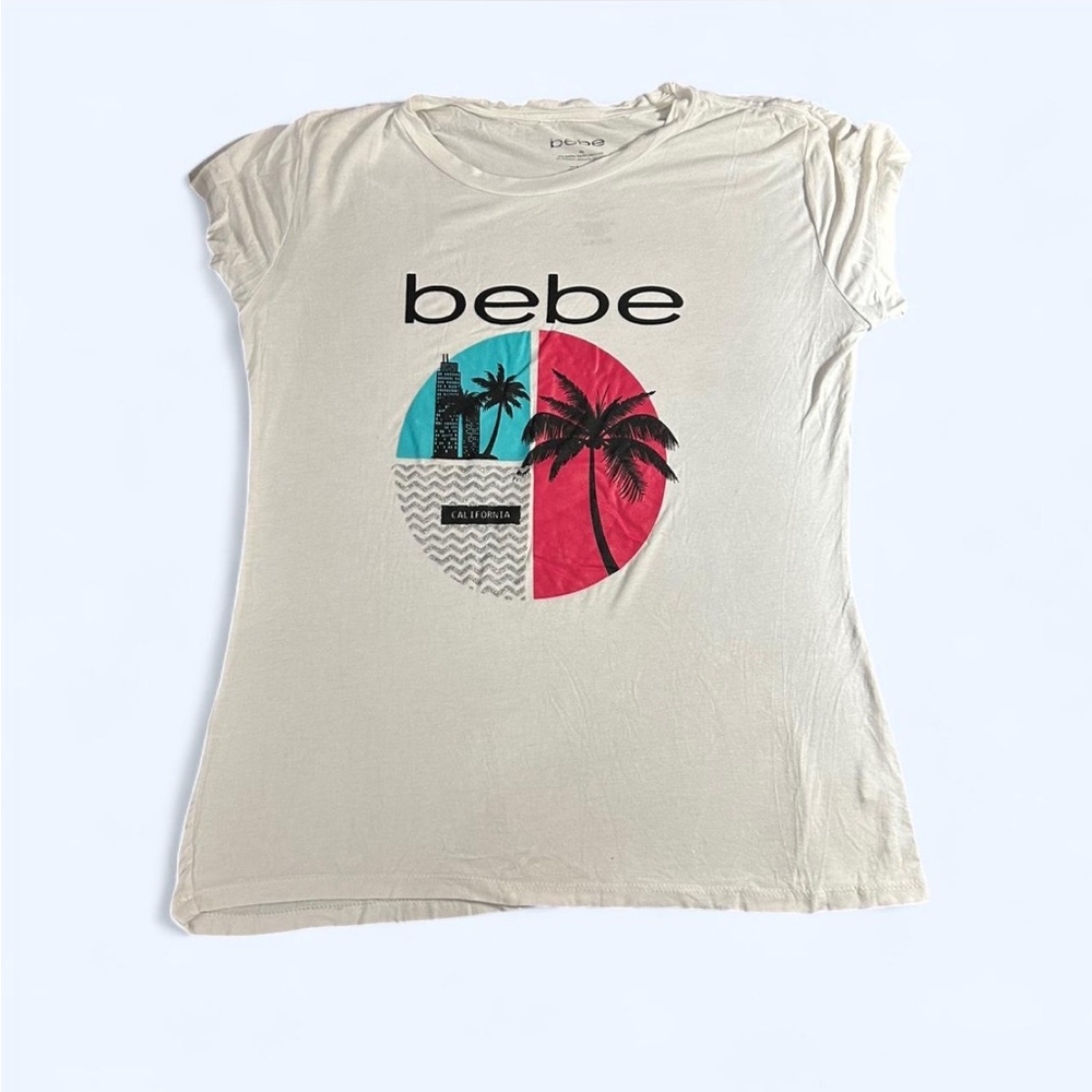 Bebe White Graphic Tee with Tropical Design